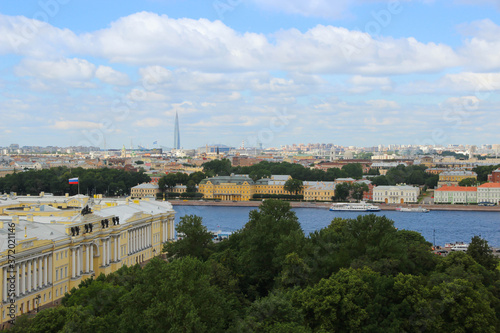 Beautiful view of St. Petersburg. Neva embankment and old colored buildings.