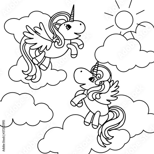 Black and white vector illustration for children's coloring book. Unicorns in the clouds