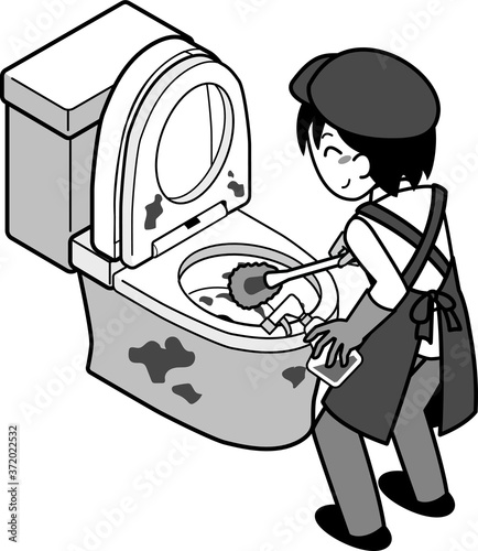 ブラシで汚れたトイレを清掃する業者の若い男性