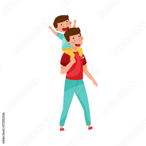 Young Father Carrying His Son on His Shoulder Walking Vector Illustration