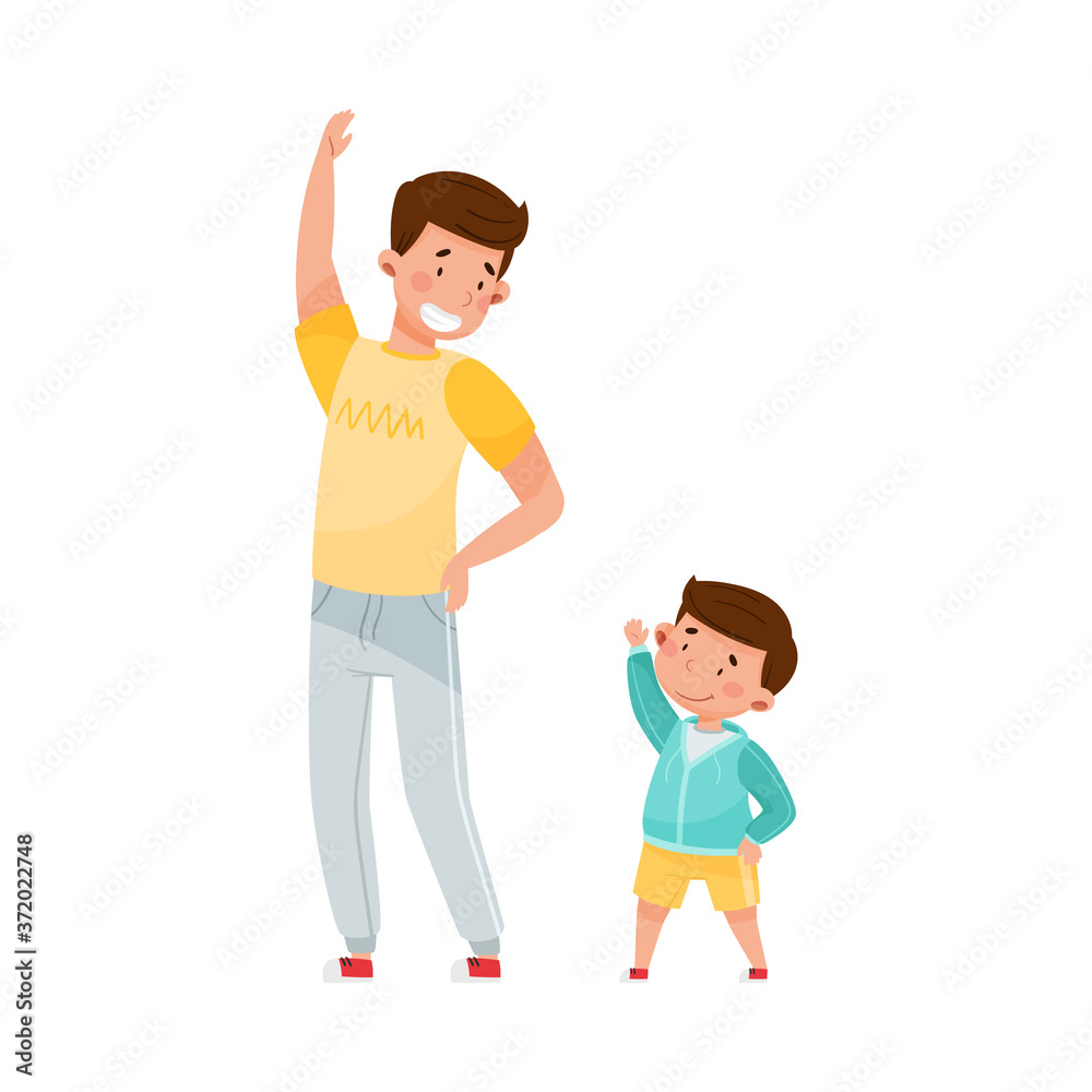 Young Father and His Son Comparing Heights with Each Other Vector Illustration Young Father and His Son Comparing Heights with Each Other Vector Illustration