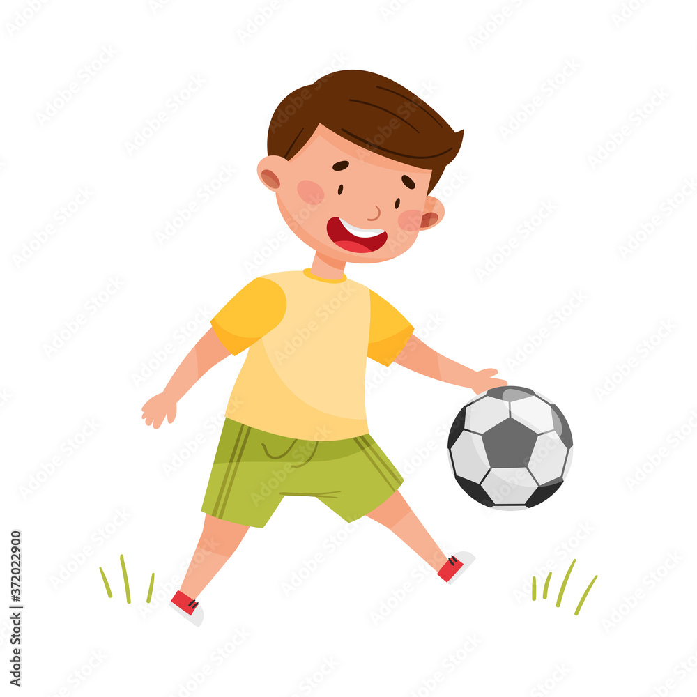 Little Boy Playing Football on Sports Field Vector Illustration