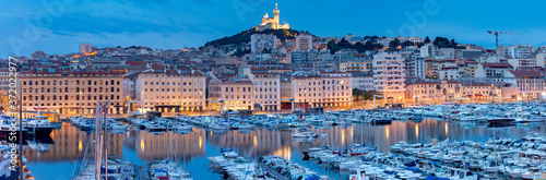 Marseilles. Panoramic view of the old port and the Cathedral of Notre Dame.
