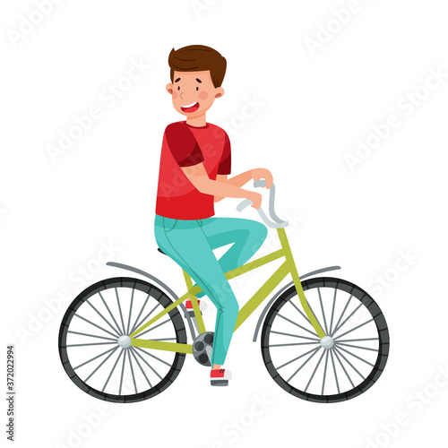 Young Man Cycling Along the Road Isolated on White Background Vector Illustration