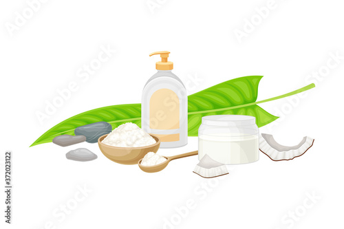 Essential Coconut Oil, Stones and Aromatic Bath Salt as Spa Treatment Vector Composition