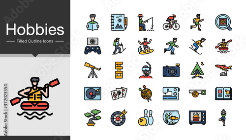 Hobbies icons. Filled outline design. Icon set of the most activities of people in holiday or summer.