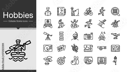 Hobbies icons. Modern line design. Icon set of the most activities of people in holiday or summer.