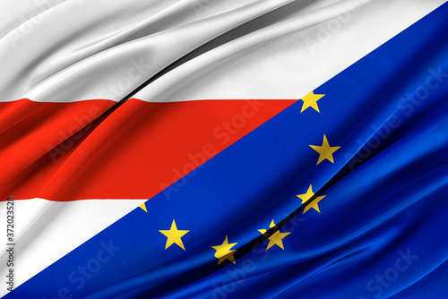 Flags of Europe Union and Belarus. Relations between Belarus and the European Union. 3D illustration.