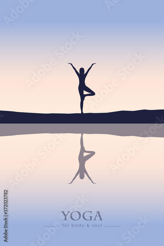 girl makes yoga by the lake at sunset vector illustration EPS10