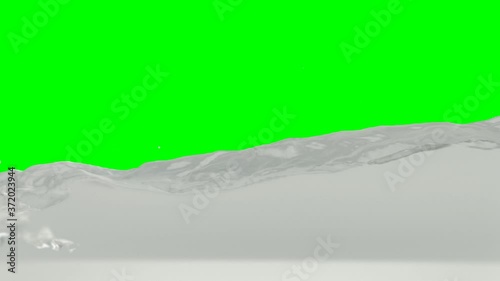 Animated side view of a lot of jet fuel or clear liquid pouring into tank or container and quickly filling up and against green background.