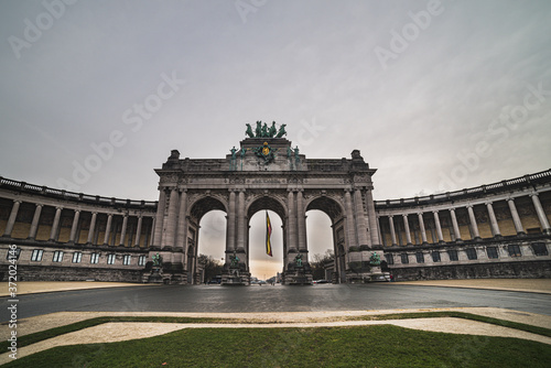 Arcades du cinquantenaire (Park of the Fiftieth Anniversary) on a winter day conveys independence, revolutionary and cultural concept. Political and architectural illustration - Brussels, Belgium