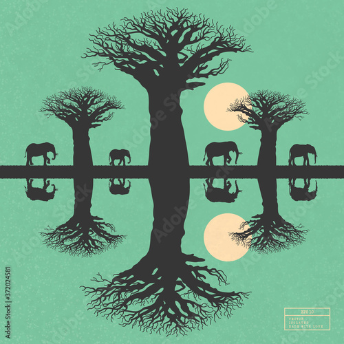 Elephant family walking between baobab trees. Landscape with big animals isolated silhouettes in savannah. Yellow sun on green texture background. Vector illustration for use in polygraphy, design photo