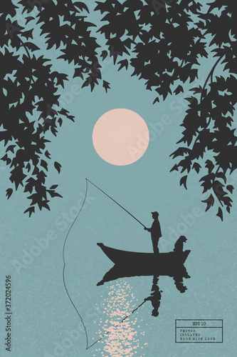 Fisherman in boat with dog framed by branches. Man isolated silhouette catch fish with fishing rod. Pink sun on blue texture background. Vector illustration for use in polygraphy, textile, decor