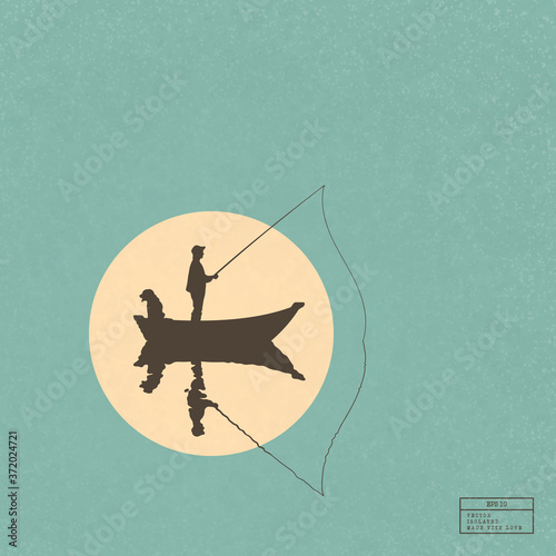 Fisherman in boat with dog. Man isolated silhouette catch fish with fishing rod on mirror lake. Yellow sun on blue texture background. Vector illustration for use in polygraphy, textile, design, decor