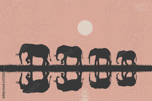 Elephant family walking on river bank. Landscape with big animals isolated silhouettes in savannah. White sun on peachy texture background. Vector illustration for use in polygraphy, textile, decor