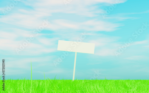 Empty white information board on a green grass. Signboard on meadow. 3d render.