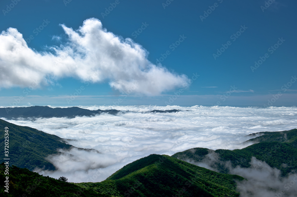 Wonderful and curious sea of clouds at beautiful mountain landscape.