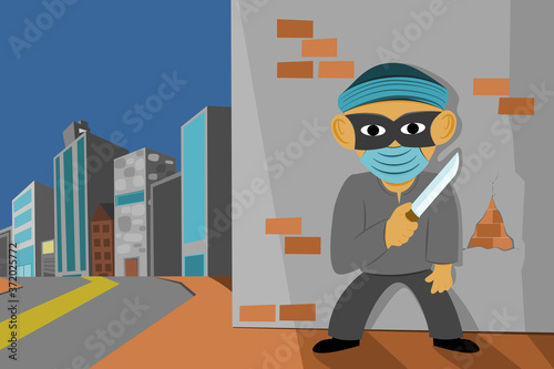 A man wearing a mask holding a knife standing behind a wall,corner robber at nigh