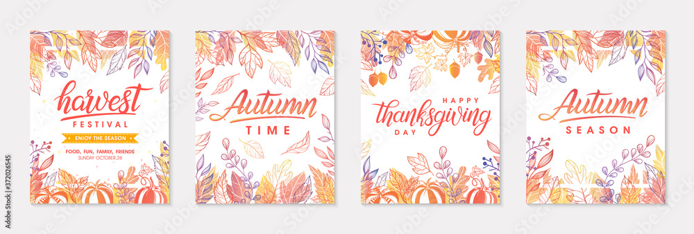 Autumn seasonals postes with leaves and floral elements in fall colors.Greetings and harvest fest posters perfect for prints,flyers,banners,invitations.Trendy fall designs.Vector autumn illustrations