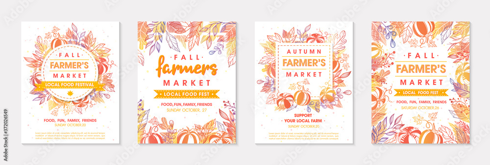Set of autumn farmers market banners with leaves and floral elements.Local food fest design perfect for prints,flyers,banners,invitations.Fall harvest festival.Vector autumn illustrations.