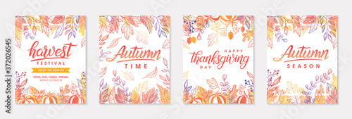 Autumn seasonals postes with leaves and floral elements in fall colors.Greetings and harvest fest posters perfect for prints,flyers,banners,invitations.Trendy fall designs.Vector autumn illustrations