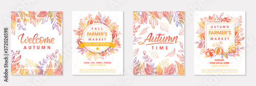 Autumn seasonals postes with leaves and floral elements in fall colors.Greetings and harvest fest posters perfect for prints,flyers,banners,invitations.Trendy fall designs.Vector autumn illustrations