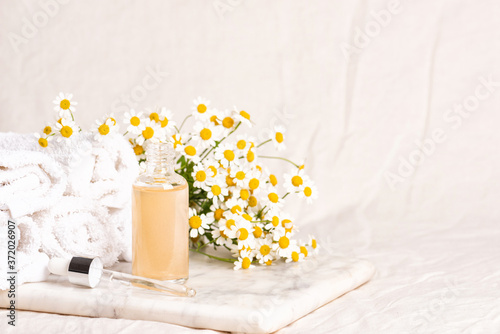 Glass and plastic bottles of essence or serum and with chamomile flowers on marble board. Moisturizing face cream and camomile