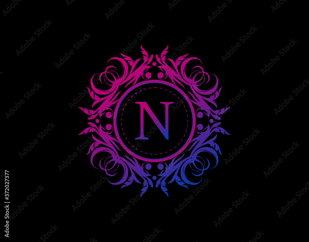 Yoga Art Badge N Letter Logo. Luxury calligraphic emblem with beautiful classy floral ornament. Vintage Heraldic Frame design with blue and magenta color.