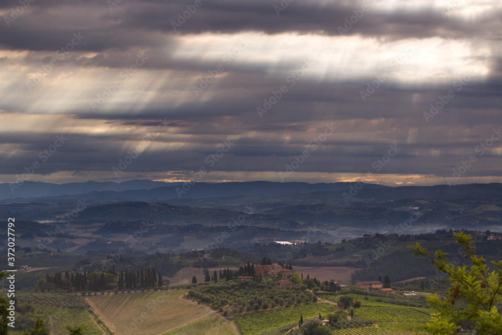 Naklejka premium View of the Tuscan landscape near San Gimignano early in the morning