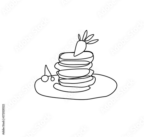 Vector pancake plate with a black line. Simple food and cooking illustration in doodle style on a white isolated background hand drawn. Design for web,advertising,banners,menus,recipes.