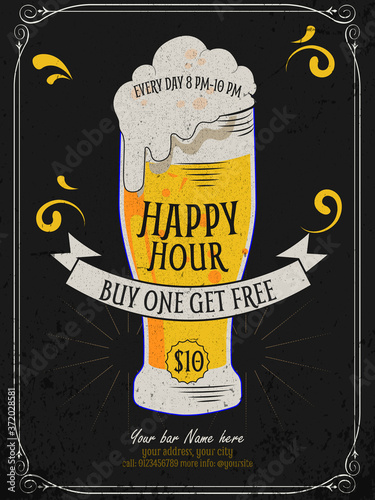 Happy Hour offer flyer template. Free beer. Vintage discount invitation card template & advertising for web, poster, flyer, invitation to party. Eps 10.