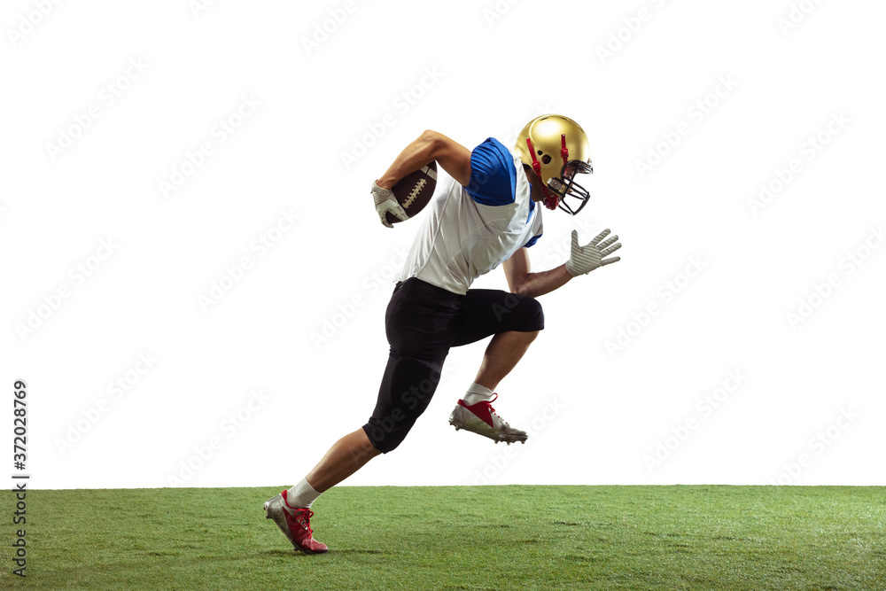 In jump, flight. American football player isolated on white studio background with copyspace. Professional sportsman during game playing in action and motion. Concept of sport, movement, achievements. In jump, flight. American football player isolated on white studio background with copyspace. Professional sportsman during game playing in action and motion. Concept of sport, movement, achievements.