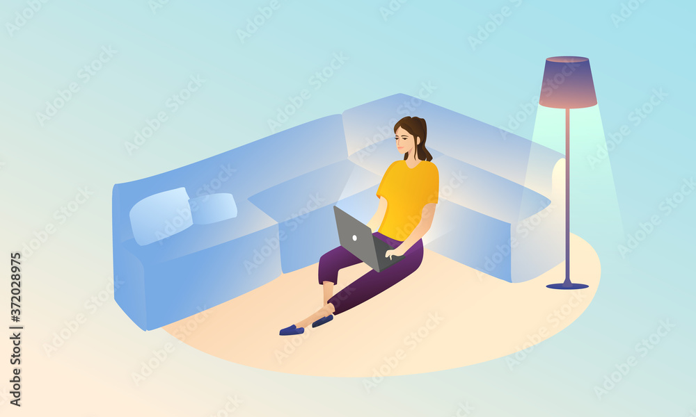 Work from home, remote work concept. A girl sits near the sofa with a laptop and watches lessons online. Distance learning. New fresh design.