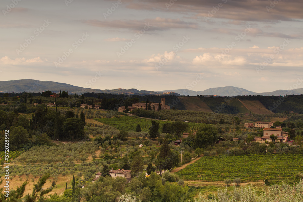 View of the Tuscan landscape near San Gimignano early in the morning