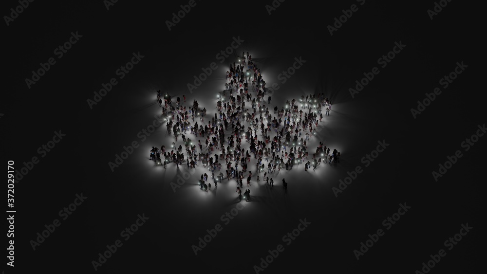 3d rendering of crowd of people with flashlight in shape of symbol of cannabis leaf on dark background