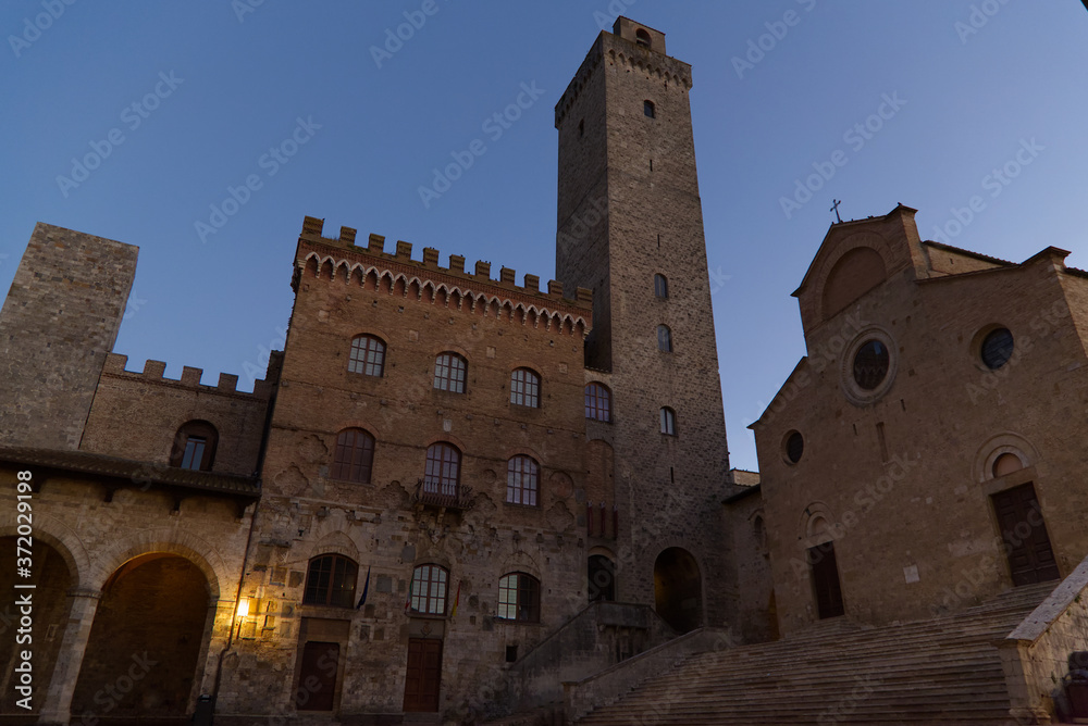 Cathedral square at night in San Gimignano