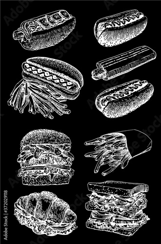Graphical set of fast food isolated on black background, vector illustration