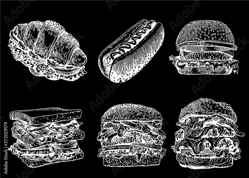 Graphical set of fast food isolated on black background, vector illustration