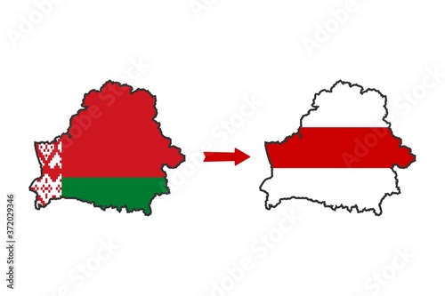 Belarus map. Concept of changes in country. Old soviet flag replaced on a new national flag. Coup in Minsk. Vector illustration isolated on white background.