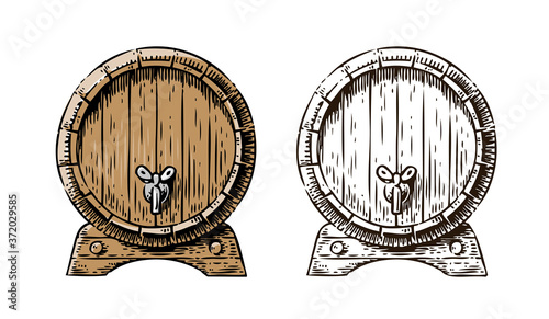 Wooden barrel with faucet sketch. Hand drawn vintage vector illustration