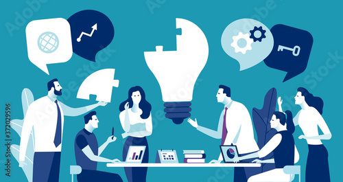 Manager holds a missing part of bulb. Solution of a problem. Light bulb as a symbol of new idea. Vector illustration..
