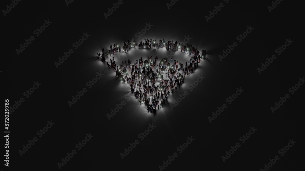 3d rendering of crowd of people with flashlight in shape of symbol of connection on dark background 3d rendering of crowd of people with flashlight in shape of symbol of connection on dark background