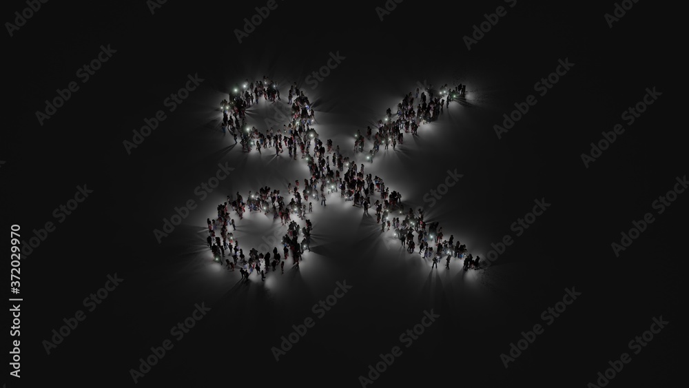 3d rendering of crowd of people with flashlight in shape of symbol of cut on dark background 3d rendering of crowd of people with flashlight in shape of symbol of cut on dark background