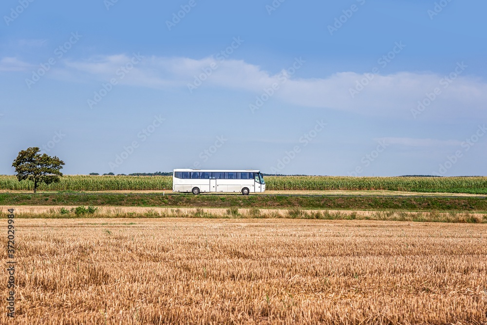 White bus on the road in the countryside . carriage of passengers White bus on the road in the countryside . carriage of passengers