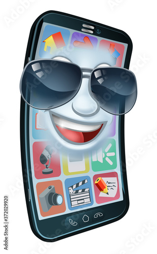 A mobile phone cartoon character mascot wearing cool shades or sunglasses