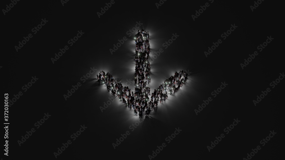 3d rendering of crowd of people with flashlight in shape of symbol of down arrow on dark background