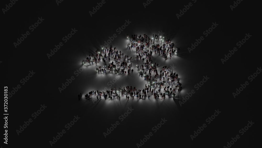 3d rendering of crowd of people with flashlight in shape of symbol of dragon on dark background