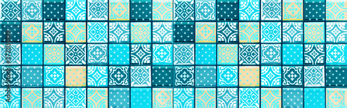 Colorful abstract turquoise aquamarine blue vintage retro geometric square mosaic motif tiles texture background banner panorama