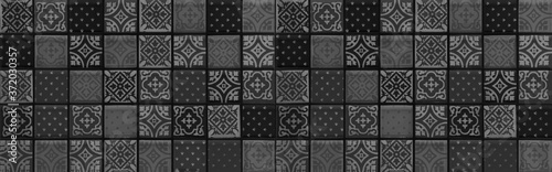 Black anthracite gray grey vintage retro geometric square mosaic motif cement tiles texture background banner panorama