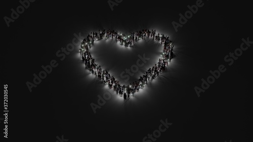 3d rendering of crowd of people with flashlight in shape of symbol of favorite on dark background